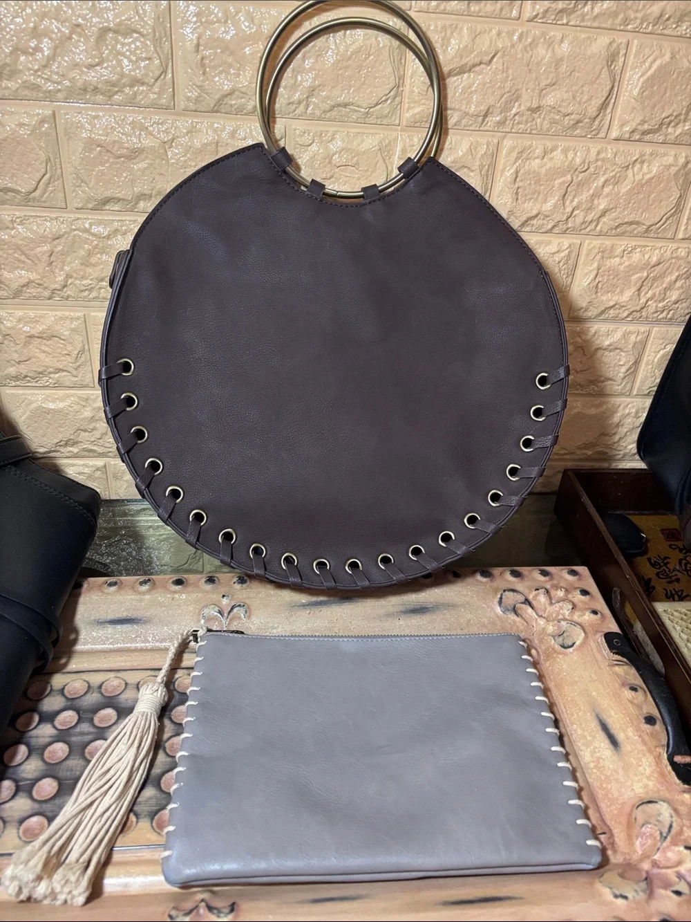 BCBGenerations Black Satchel Shoulder Bag Crossbody w Mud Pie Brown Tote, Pouch